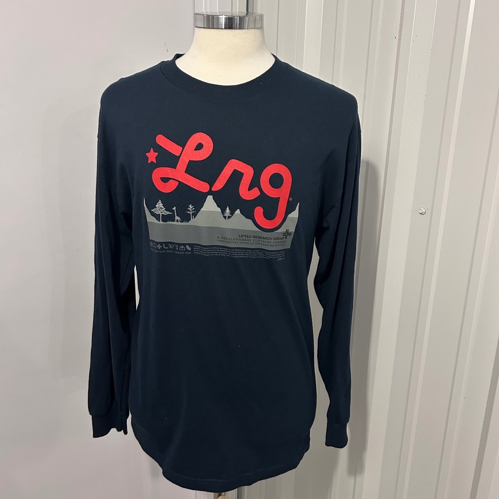 LRG Lifted Research Group Mens Navy Blue Graphic Long Sleeve Tee Shirt Large